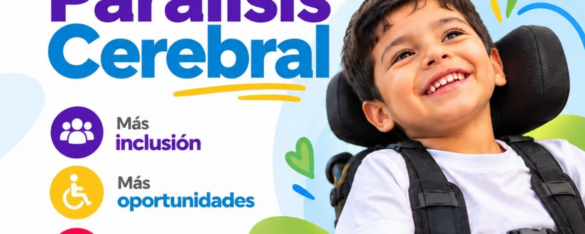 Pieza gráfica del 6 de octubre, Día Mundial de la Parálisis Cerebral: niño sonriente en silla de ruedas con los mensajes más inclusión, más oportunidades y más respeto